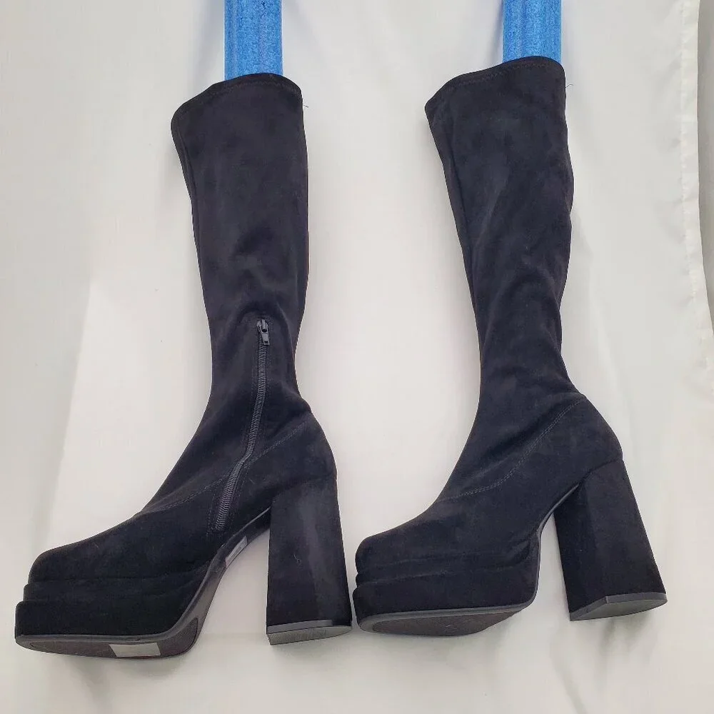 NWOT Black Faux Suede Stretch Chunky Platform Block Heel Boots | 9